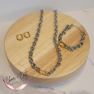 Chunky Two-tone Chain Necklace, Bracelet, and Earring Set